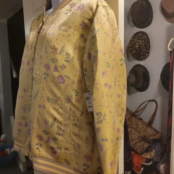 INC Yellow floral Sateen Bomber Jacket. sz.3XL - Picture 3 of 6